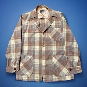 Vintage Pendleton Men's 44 Virgin Wool USA Brown Beige Plaid‎ Chore Coat 70s
